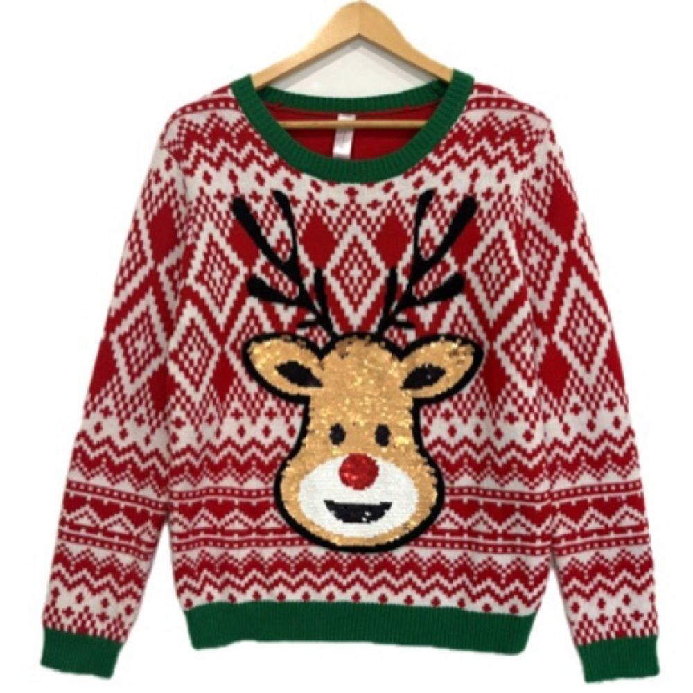No Boundaries Flip Sequin Reindeer Fair Isle Ugly Christmas Sweater Teen Size XL